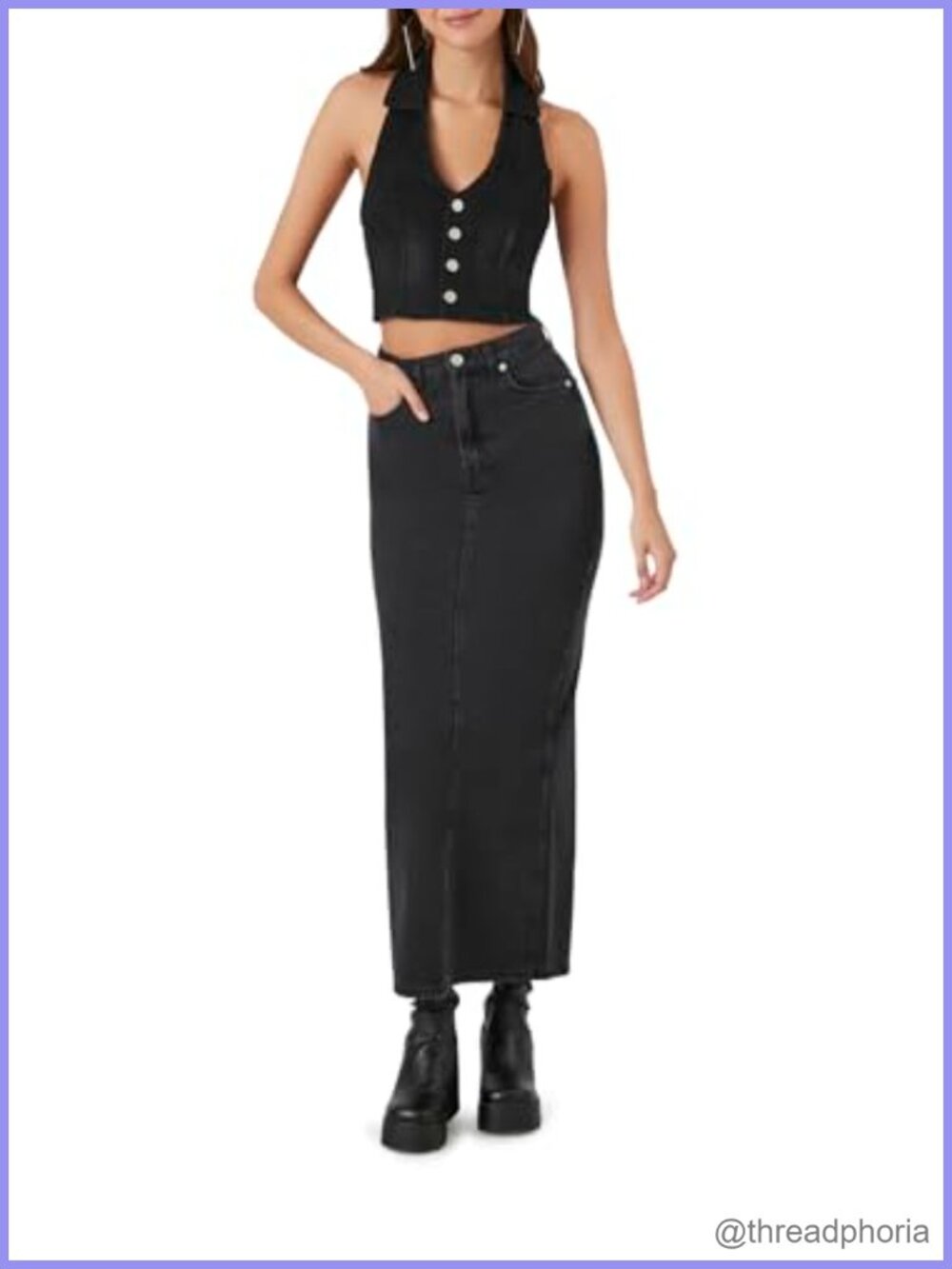 Forever 21 Denim Midi Slit Skirt High Rise Five Pocket Non-Stretch Cotton